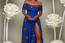 Load image into Gallery viewer, Women&#39;s Ankara Maxi Dress| Dashiki Women&#39;s Clothing| Off-Shoulder Attire|Cross Cape| Prom Gown| Wedding Guest Clothing| Black Stars Handmade