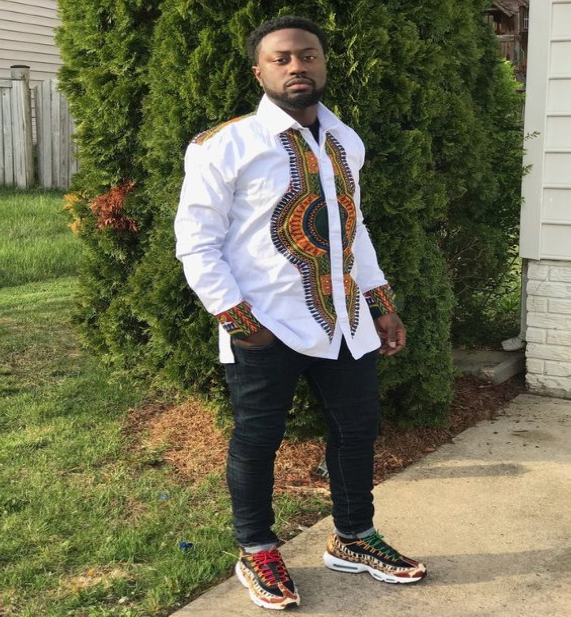 dashiki dress shirt The Long Sleeve Shirt with Dashiki Designs White