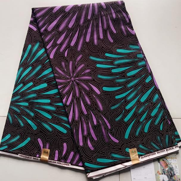 Six Yards African Fabric| Purple and Green Floral Wax Print