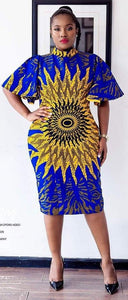 Women's African Clothing. Ankara Short Gown. African Print Dress. Royal Blue and Gold. African Party Dress. Wedding Guest Dress.