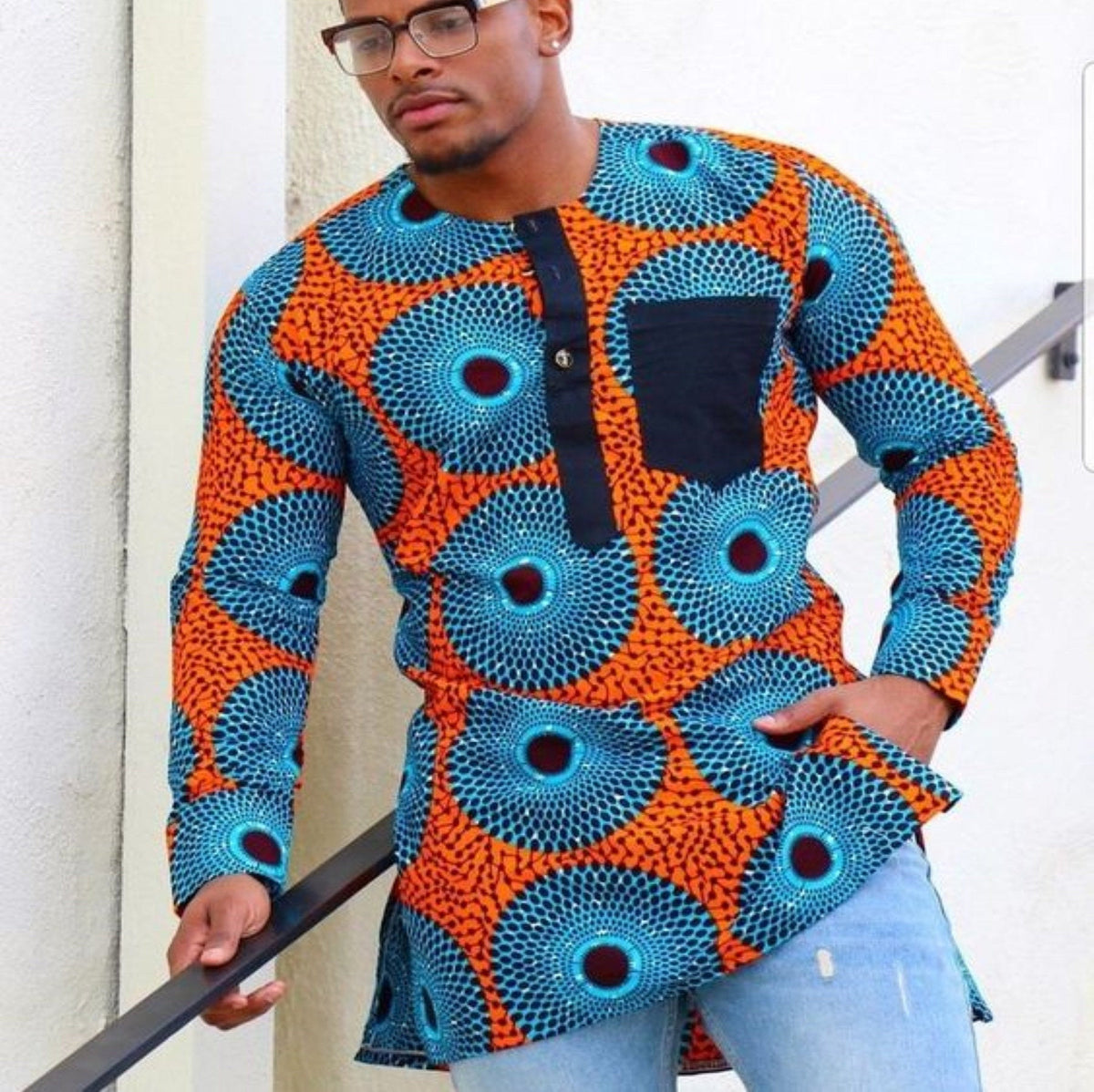 Men’s Ankara Dress Shirt - Orange & Brown