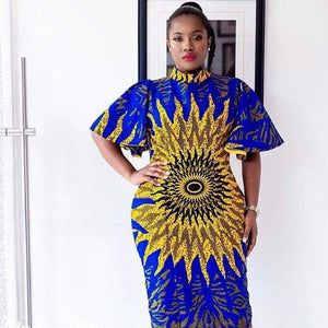 Women's African Clothing. Ankara Short Gown. African Print Dress. Royal Blue and Gold. African Party Dress. Wedding Guest Dress.