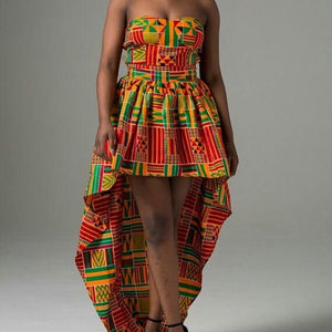 Women's African Clothing. Asymmetrical Ankara Short Gown. African Kente Print Dress. African Party Dress. African Wedding Guest Dress.
