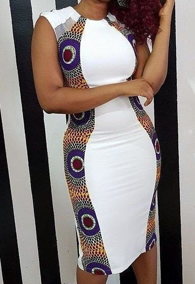 Women's African Clothing. White Dashiki Short Gown. African Print Dress. Stretch and Ankara Mix. African Party Dress. Wedding Guest Dress.