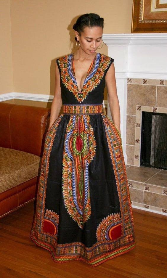 Women's African Clothing| Dashiki Maxi Gown| Africa Print Wedding Gown| Prom Gown| Wedding Guest Clothing| Maxi Dress| Black Stars Handmade