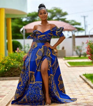 Load image into Gallery viewer, African Floor Length Dress| Off Shoulder Maxi Dress| Puff Sleeve Dress| Wedding Guest Clothing| Blue Yellow Dashiki| Black Stars Handmade