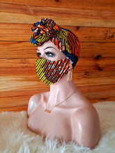 Load image into Gallery viewer, African Print Nose Mask with Matching Head Wrap For Sale| Stoned Ankara Face Mask| Dashiki Head Scarf| Wholesale and Bulk Orders Available.