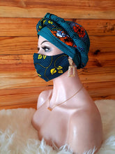 Load image into Gallery viewer, African Print Nose Mask with Matching Head Set Wrap For Sale| Ankara Face Mask| Dashiki Head Scarf| Wholesale and Bulk Orders Available.