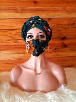 African Print Nose Mask with Matching Head Set Wrap For Sale| Ankara Face Mask| Dashiki Head Scarf| Wholesale and Bulk Orders Available.