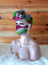 Load image into Gallery viewer, African Print Nose Mask with Matching Head Wrap For Sale| Stoned Ankara Face Mask| Dashiki Head Scarf| Wholesale and Bulk Orders Available.