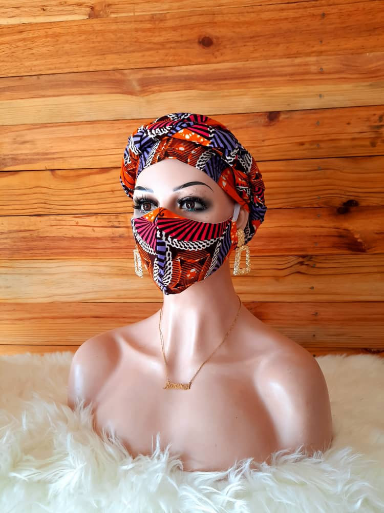 African Print Nose Mask with Matching Head Wrap Set For Sale