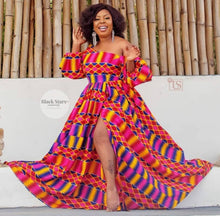 Load image into Gallery viewer, African Kente Women&#39;s Gown|Asymmetrical Maxi Gown| Puff Sleeve Dress| Wedding Guest Clothing| Traditional Wedding| Bridesmaid Gown| Maxi