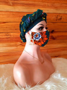 African Print Nose Mask with Matching Head Set Wrap For Sale| Ankara Face Mask| Dashiki Head Scarf| Wholesale and Bulk Orders Available.