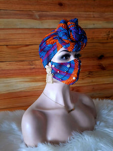 African Print Nose Mask with Matching Head Wrap For Sale| Stoned Ankara Face Mask| Dashiki Head Scarf| Wholesale and Bulk Orders Available.